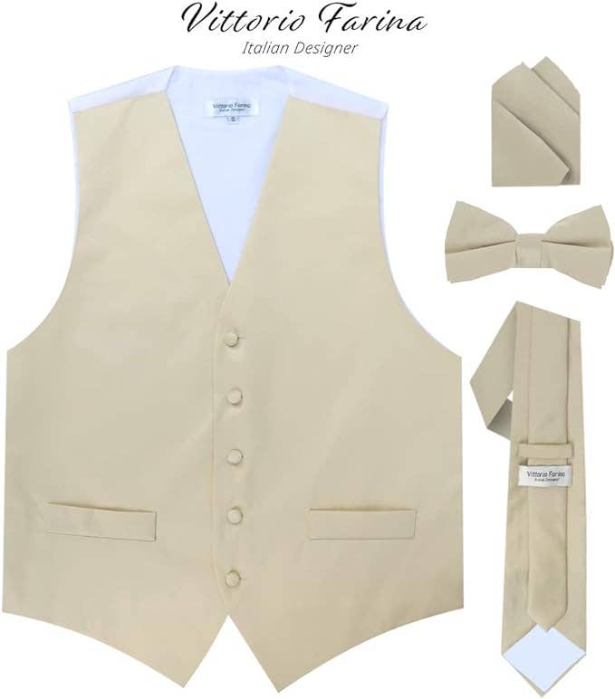 Dubal Brothers - Wholesale Suit Vest - Men's - Vittorio Farina Solid Satin Vest Set (White Back) Var. 01 (Beige-Maize)1