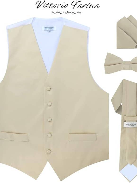 Dubal Brothers - Wholesale Suit Vest - Men's - Vittorio Farina Solid Satin Vest Set (White Back) Var. 01 (Beige-Maize)1