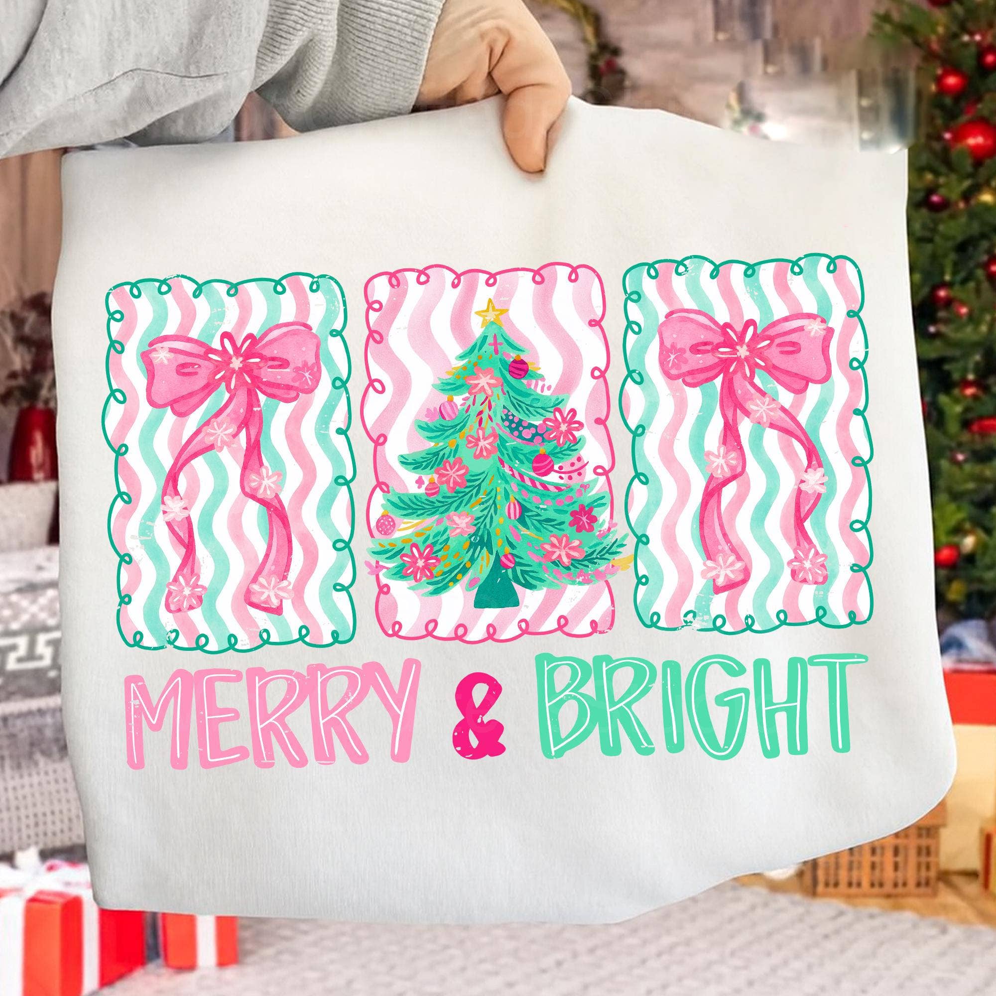 Glaime - Wholesale T-Shirt (Graphic) - Women's - Floral Preppy ChristmasTree Bow Comfort Colors Tee & Sweater1