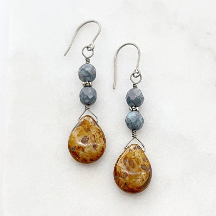 Matte Blue and Beige Teardrop Earrings for wholesale by Alison Kelley Designs