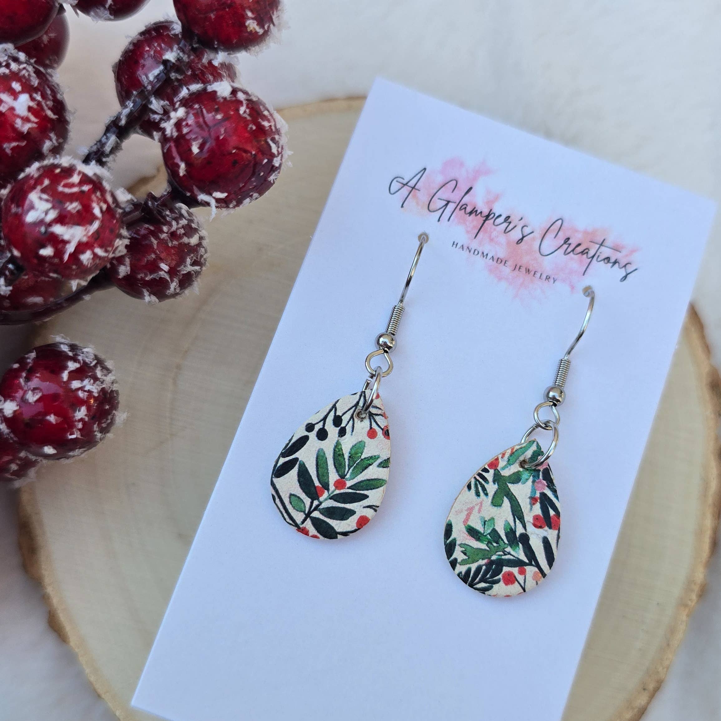 A Glamper's Creations LLC - Wholesale Dangle Earrings - Christmas Holly & Berries MINI Teardrop Leather Earrings0