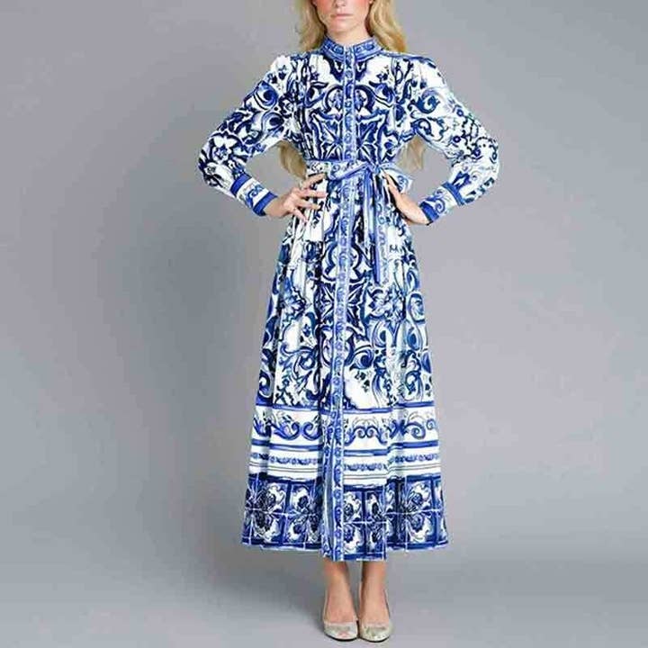 Plush Looks - Wholesale Dress - Women's - Lantern Sleeve Printed Cinched Waist Long Sleeve Dress1