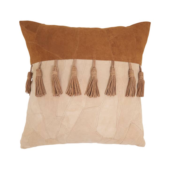Boho Patchwork Leather Tassel Pillow for wholesale by Saro Lifestyle