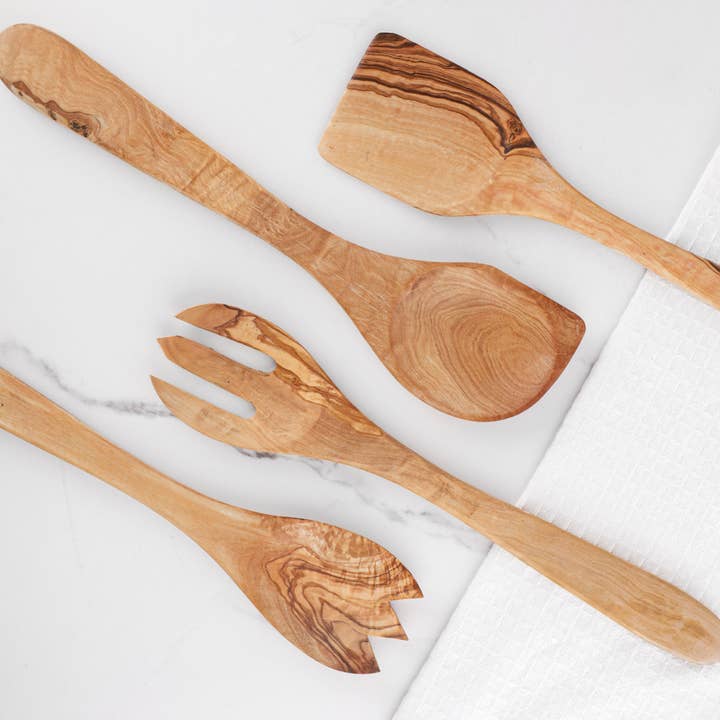 Krafts GmbH Olive Wood - Vente Assortiment d'ustensiles de cuisine - Set de 5 ustensiles de cuisine en bois d'olivier avec support5