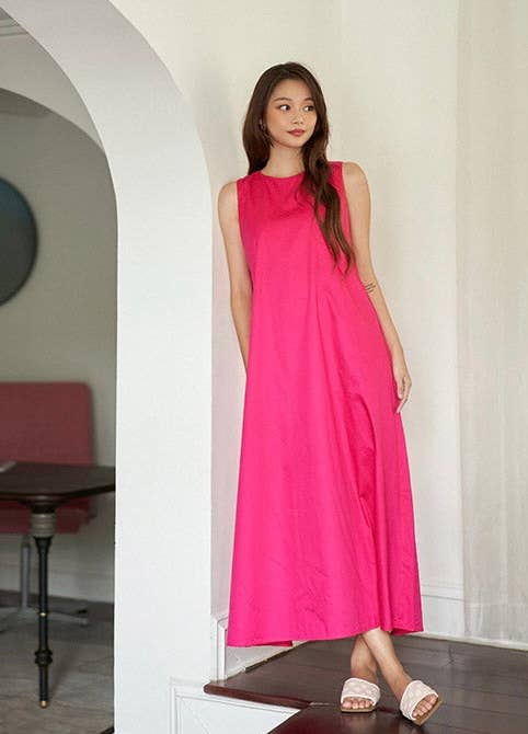 LIV Maternity - Wholesale Dress - Women's - Fuschia Sleeveless Poplin Dress2
