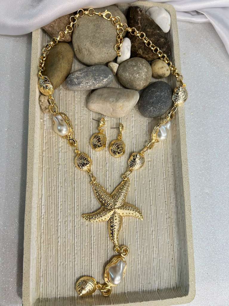 BUBU BY TEKIN SHOP - Wholesale Jewelry Set - Gold Starfish & Mallorca Pearl Necklace and Earring Set2