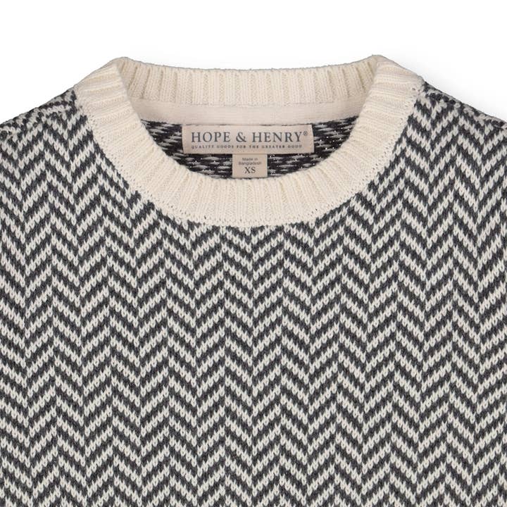 Charcoal and Ivory Herringbone Crewneck Pullover Organic Sweater with Elbow Patches - Baby for wholesale on Faire4