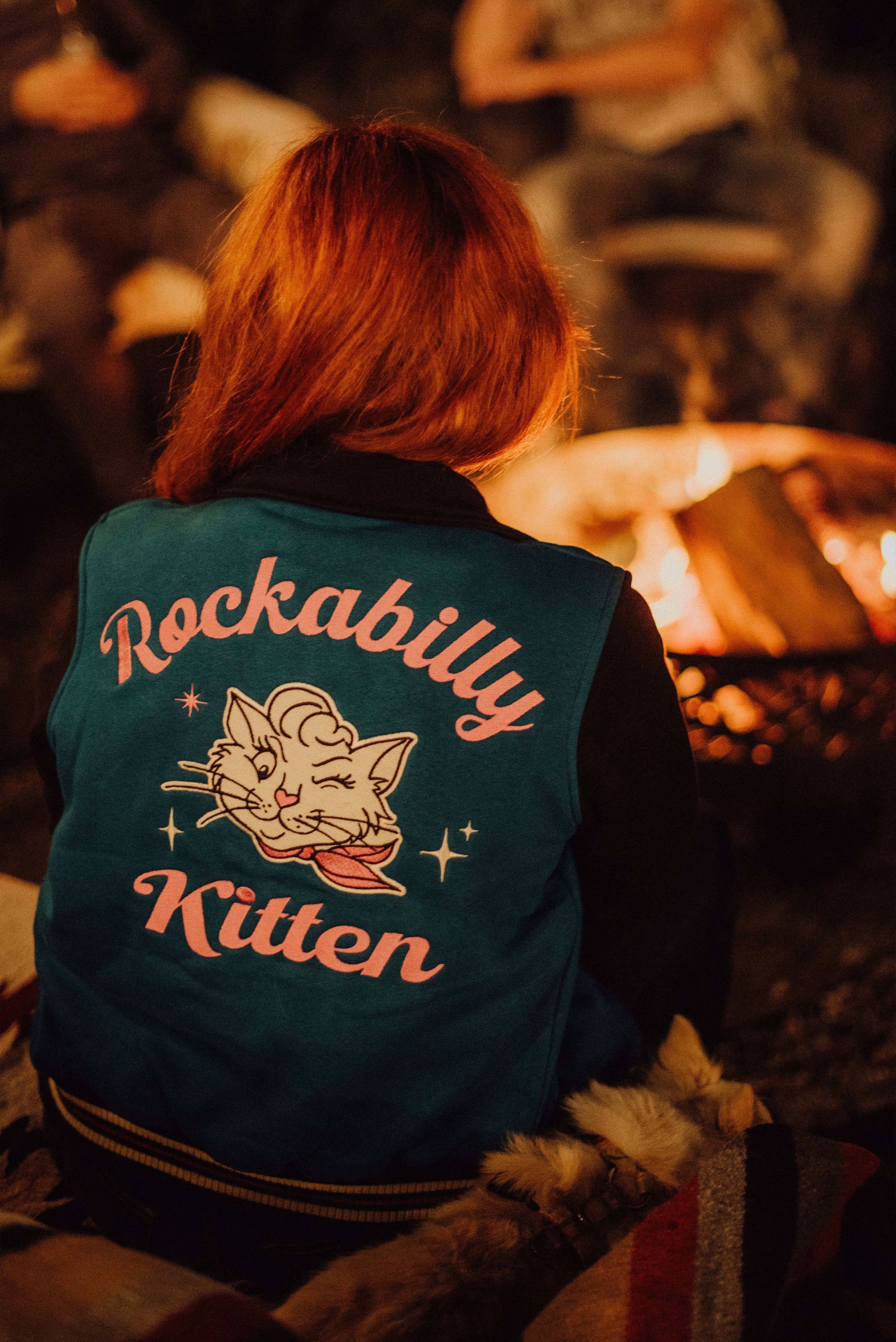 teal College jacket "Rockabilly Kitten" for wholesale on Faire7