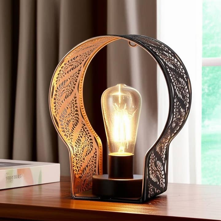 HomeRoots - Wholesale Accent/desk lamp - 7" Black Battery Operated Round Bedside Lamp With Pierced Shade1