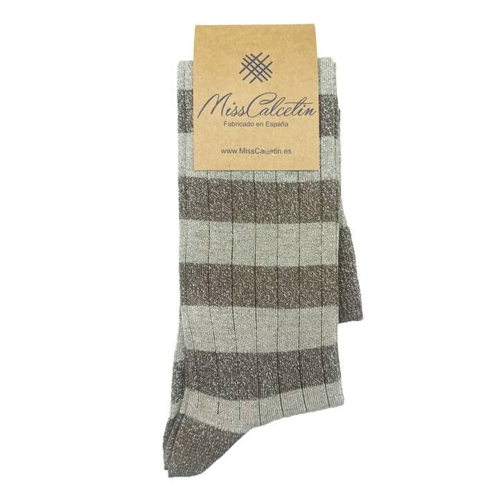 MissCalcetin High Shaft Brilli Brilli Stripe Raw Taupe for wholesale by MissCalcetin