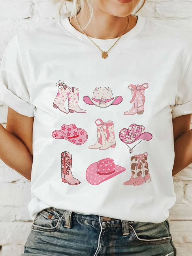 Botas e Chapéus de Cowgirl T-shirt Unissex Gola Redonda por atacado de Top Avenue