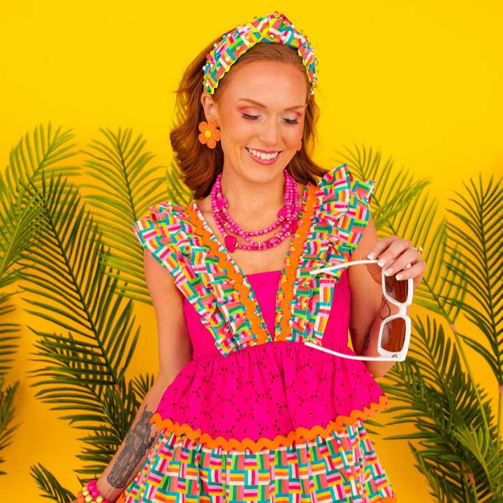 Rainbow Parquet and Pink Eyelet Ruffle Dress for wholesale by Brianna Cannon