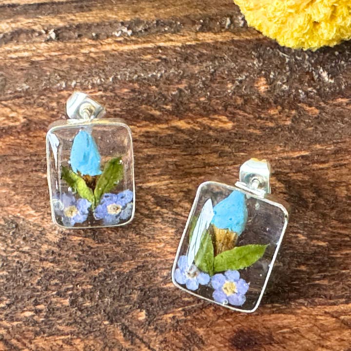 Global Crafts - Wholesale Stud/Post Earrings - Pressed Flower Rectangle Stud Earrings - MIXED COLORS