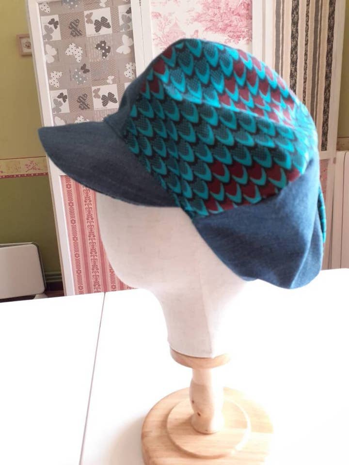 Reversible denim and turquoise wax newsboy cap for wholesale by La Fabrique de Zazou
