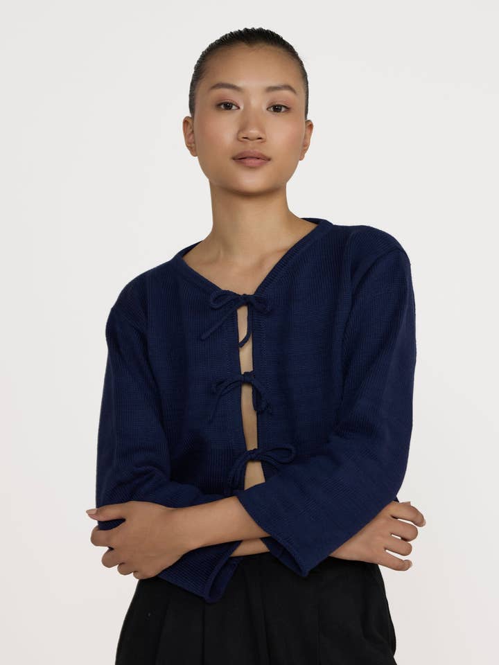 Tie Front Cardigan - Navy for wholesale by LAUDE the Label