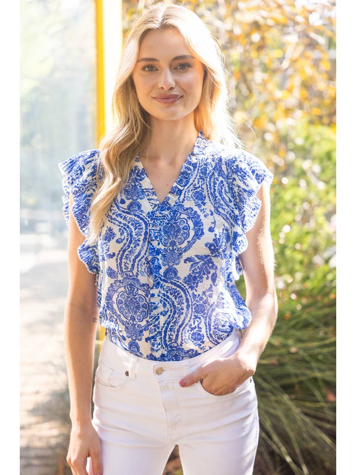 Blue 35224 Pleated Sleeve Paisley Print Button Up Top for wholesale on Faire