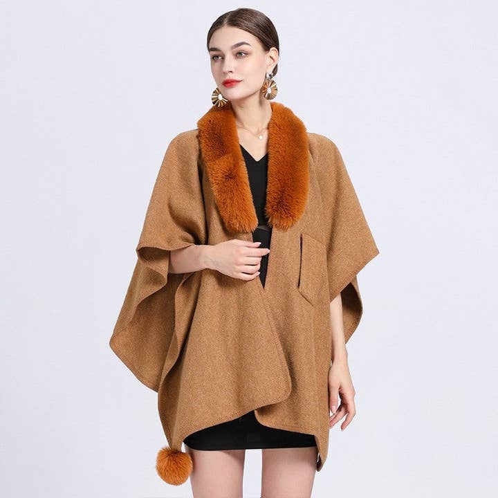 UZ Wholesale Store - Wholesale Cape - Women's - Loose Faux Otter Rabbit Fur Collar Tweed Cape Shawl