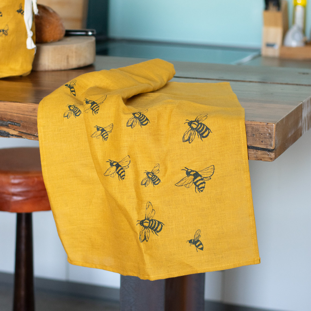 Helen Round - hand printed linen (US Duties Paid) - Wholesale Tea Towel - Linen Tea Towel Hand Printed Bee Design - Kitchen Towel6