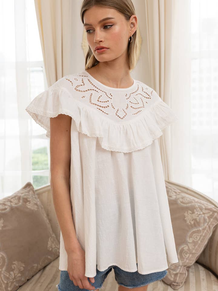 Eyelet Yoke Ruffle Babydoll Top - RT1223 for wholesale by RAISONNEL
