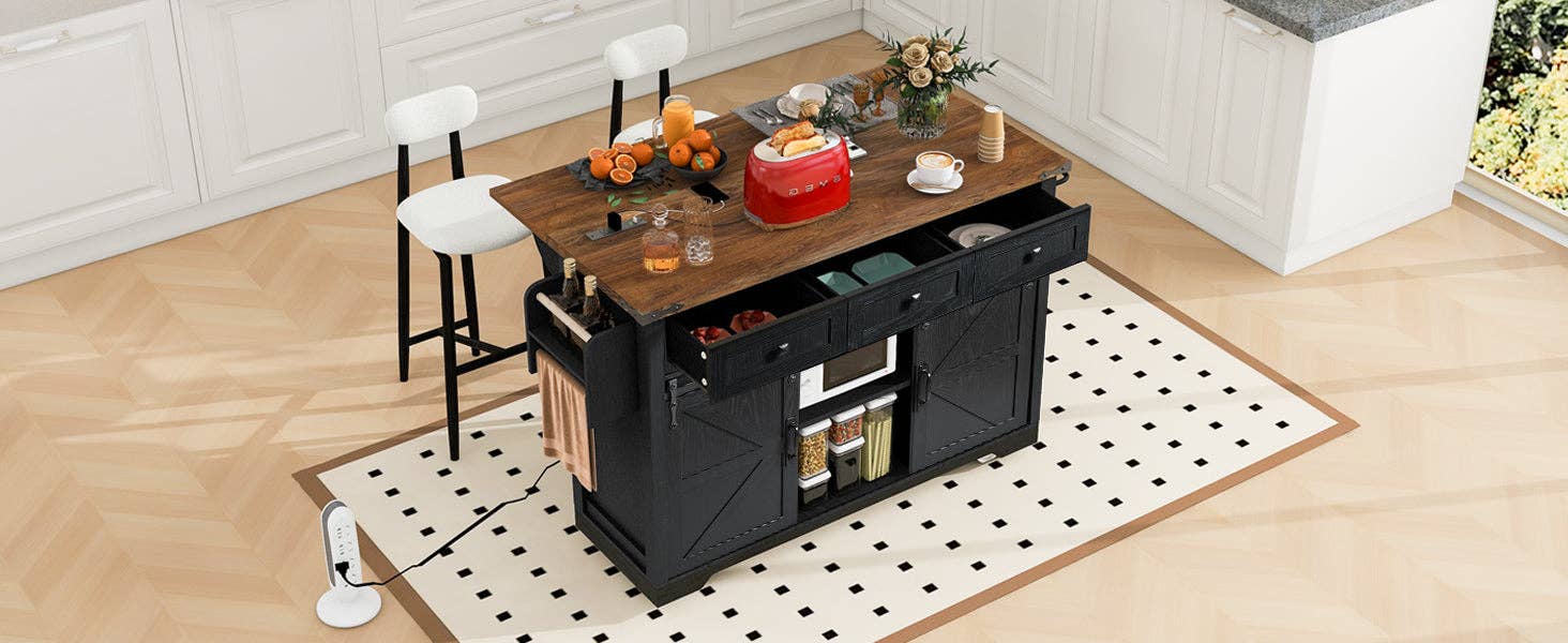 Orange County Decor - Wholesale Kitchen Storage/Organizer - K&K 53.7" Farmhouse Kitchen Island With Power Outlet, 2 Sliding Barn Door Kitchen Storage Island With Drop Leaf, Spice Rack Rolling Kitchen Cart On Wheels, For Home, Kitchen And Dining Room, Black12