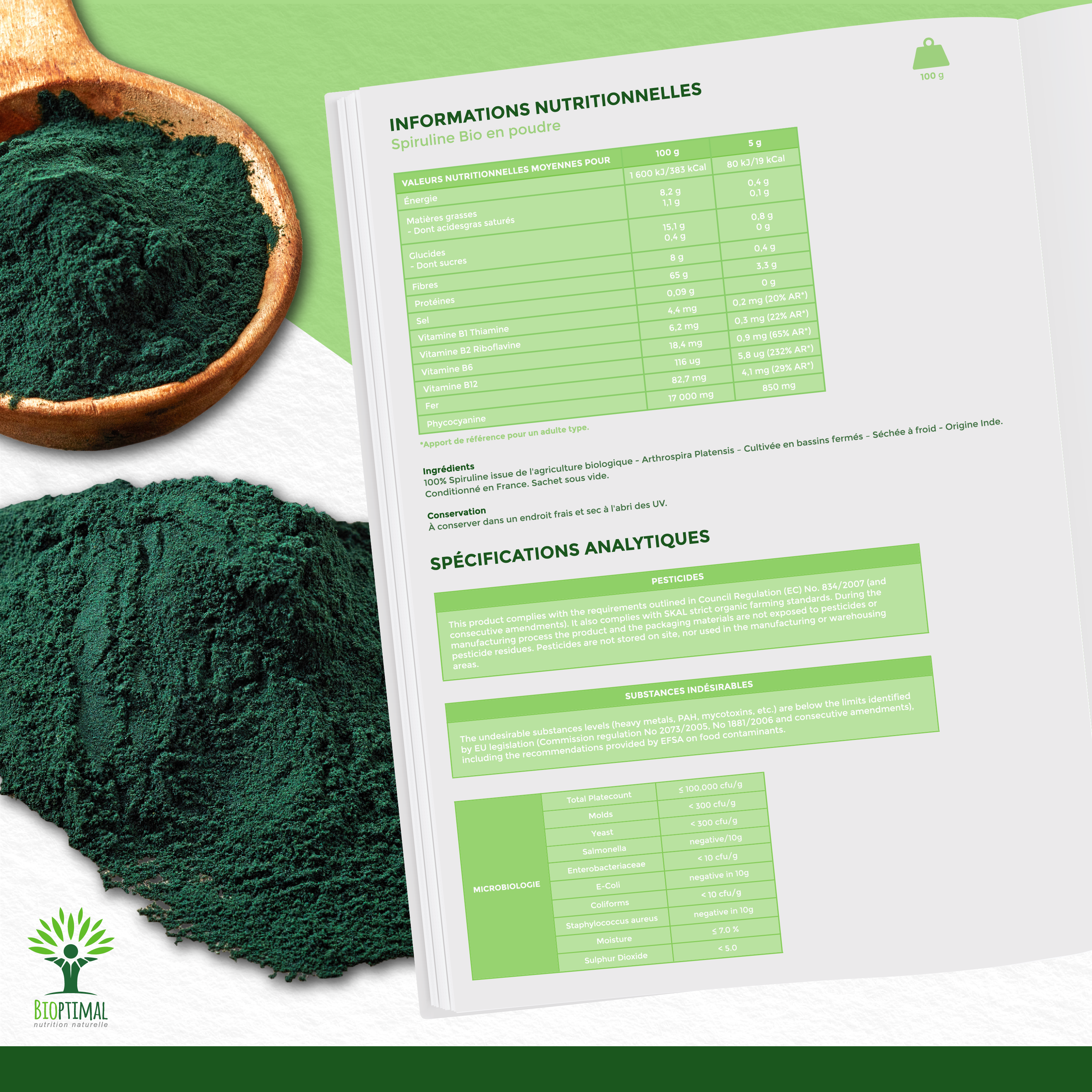 Bioptimal - Wholesale Protein/Superfood Powder - Organic Spirulina Powder - Packaged in France - Vegan8