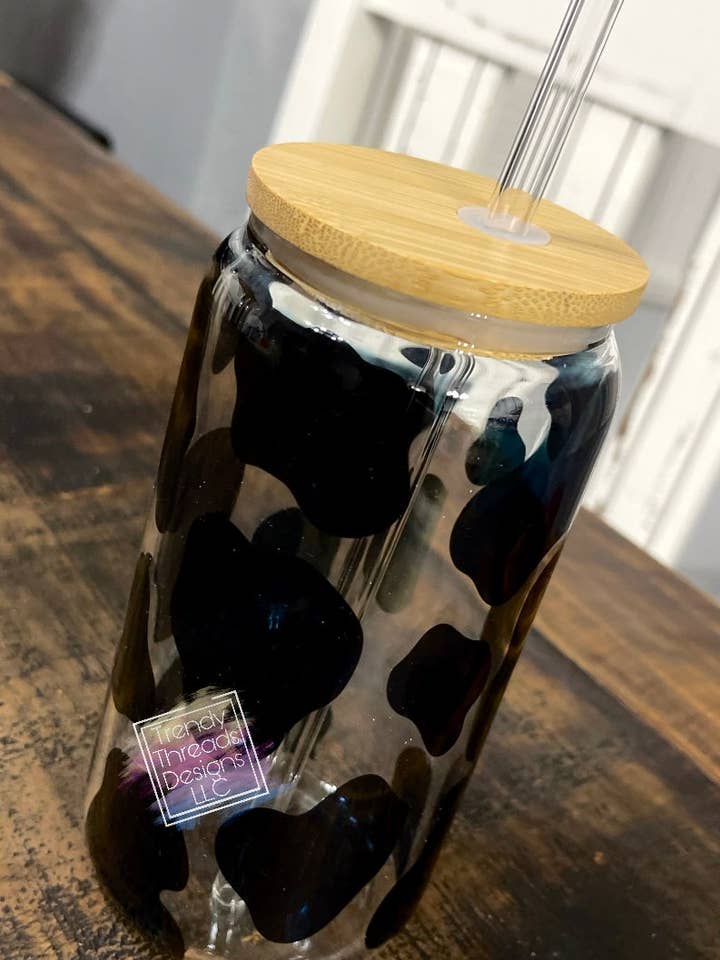 Cow print glass can with glass jar for wholesale by Trendy Threads Designs LLC