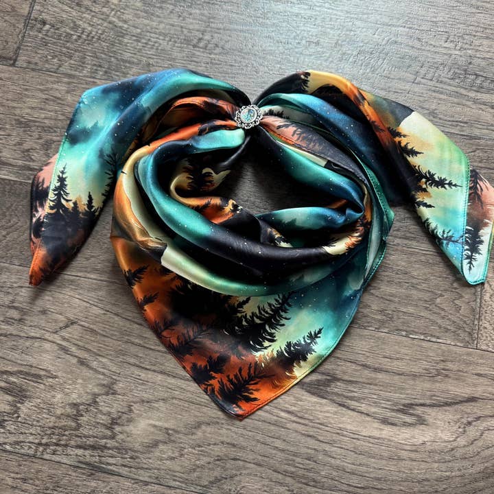 100% Silk Wild Rag Aurora Borealis Northern Lights in the Mountains by Double B Wild Rags for wholesale by Double B Wild Rags