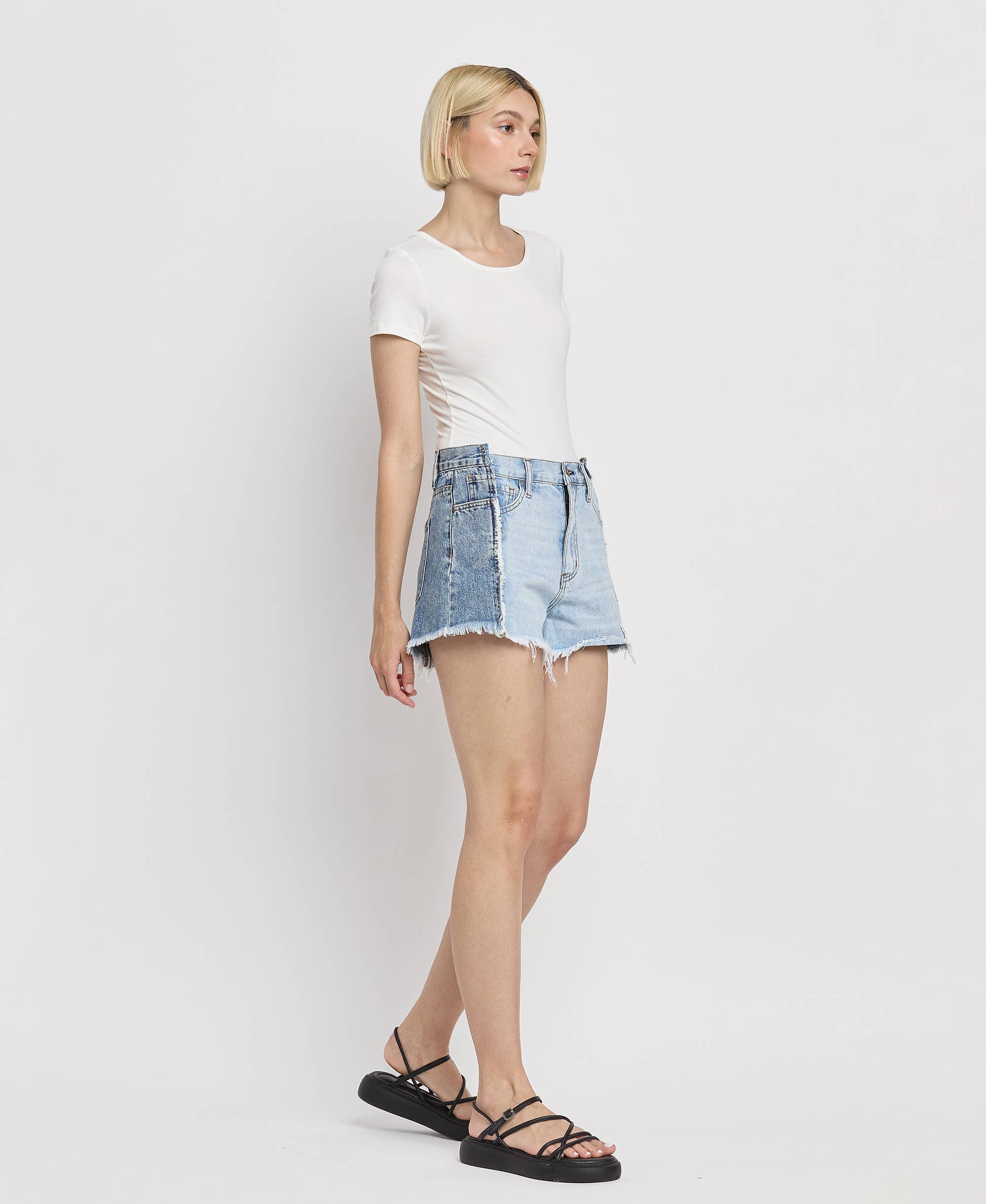 FUTURESTIC HIGH RISE TWO TONE PATCH DENIM SHORTS BY4330 for wholesale on Faire7