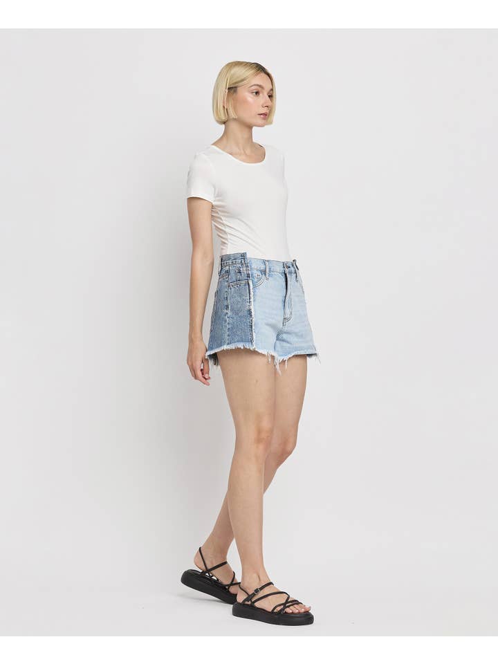 FUTURESTIC HIGH RISE TWO TONE PATCH DENIM SHORTS BY4330 for wholesale on Faire7