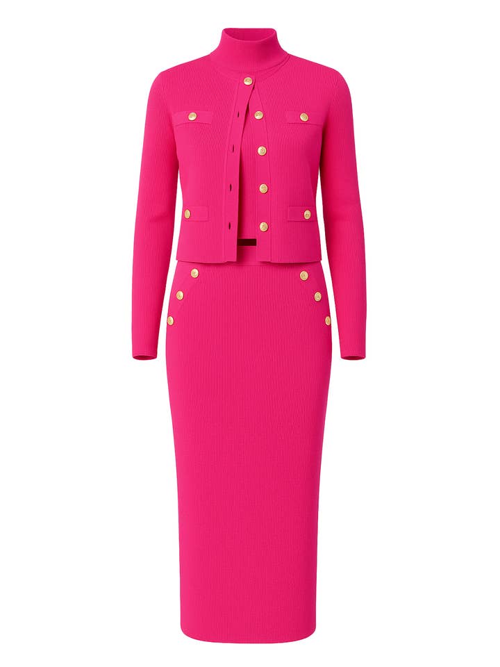 Knit Cardigan Mock Neck Top & Midi Skirt Set for wholesale by RIVIR