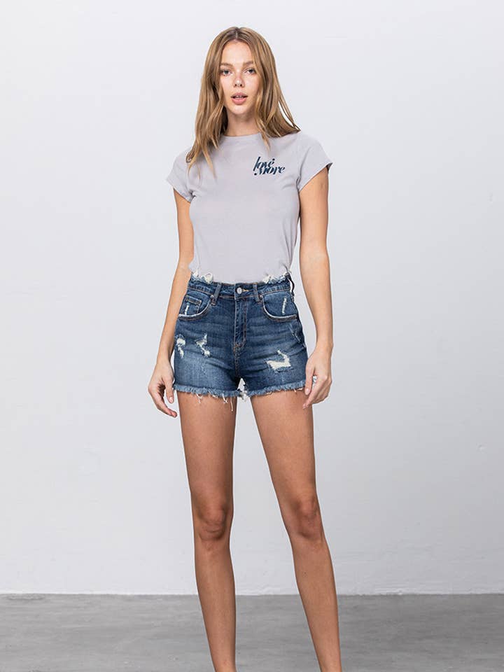 DARK Mid Rise Stretch Distressed Frayed Hem Denim Shorts for wholesale on Faire