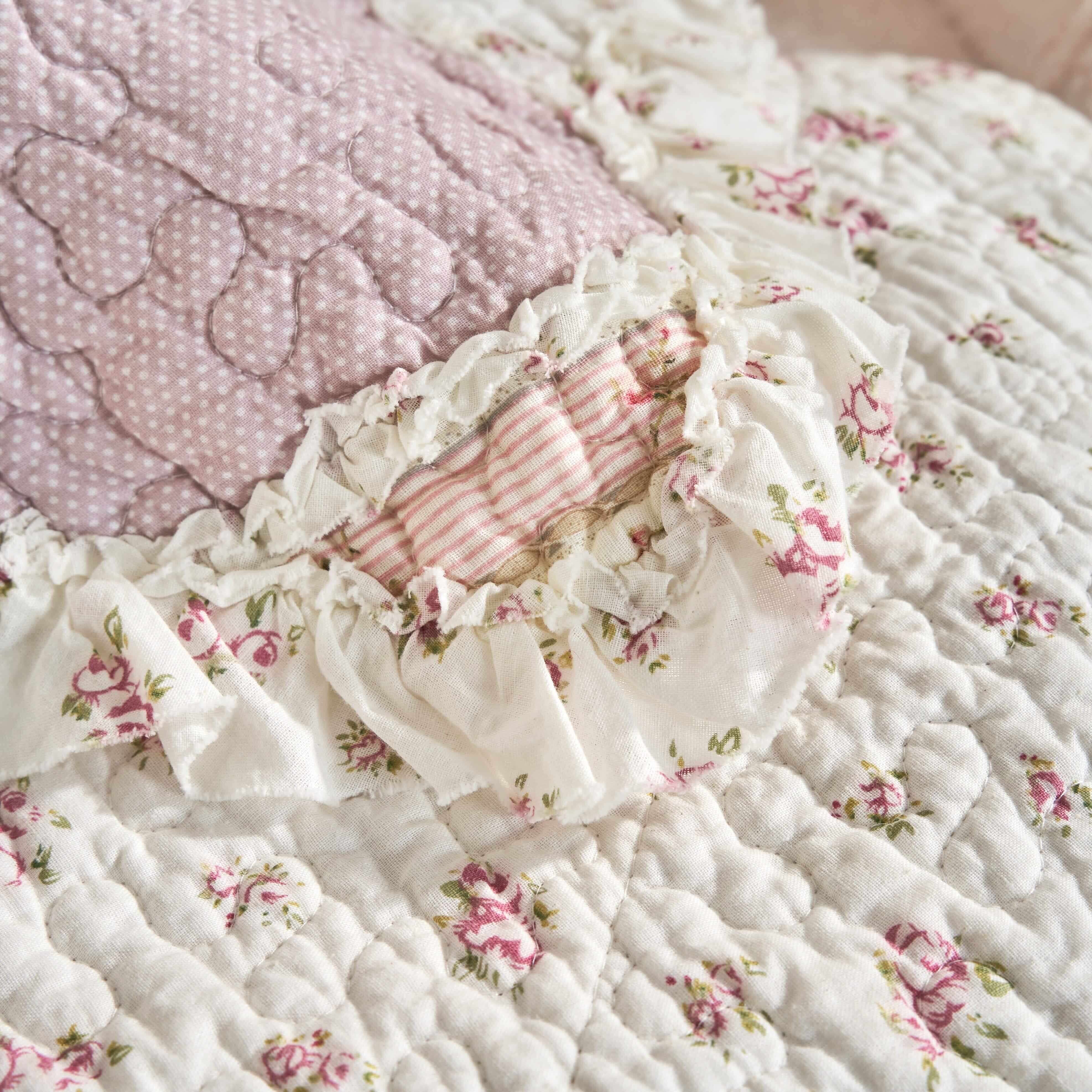 DaDalogy Bedding - Wholesale Throw Blanket - DaDalogy Cotton Patchwork Throw Blanket - Floral Cottage Quilted Reversible Blush Pink & Cream Shabby Chic Botanical Ruffle Design - Vintage Garden Rose Pastel Accents (3031)- 50 x 6014