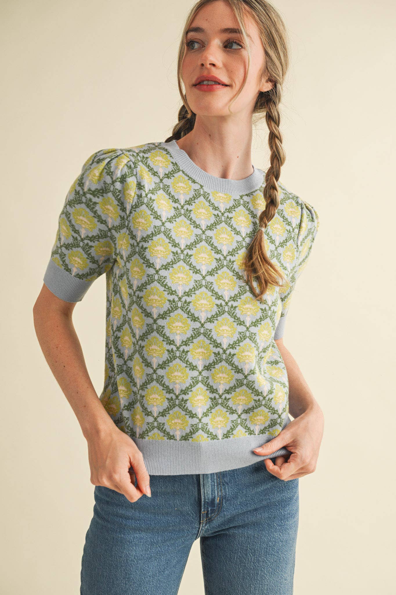 &MERCI - Wholesale Knit Sweater - Women's - FLORAL PATTERN SHORT SLEEVE SWEATER MSW1086041