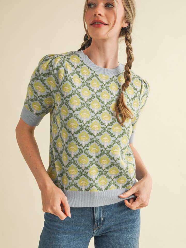 &MERCI - Wholesale Knit Sweater - Women's - FLORAL PATTERN SHORT SLEEVE SWEATER MSW1086041