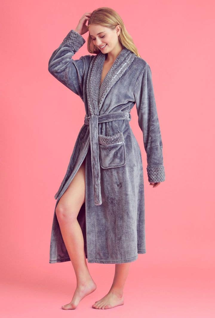 robesnmore - Wholesale Robe - Women's - Women Plush Shawl Collar Robe Gray1