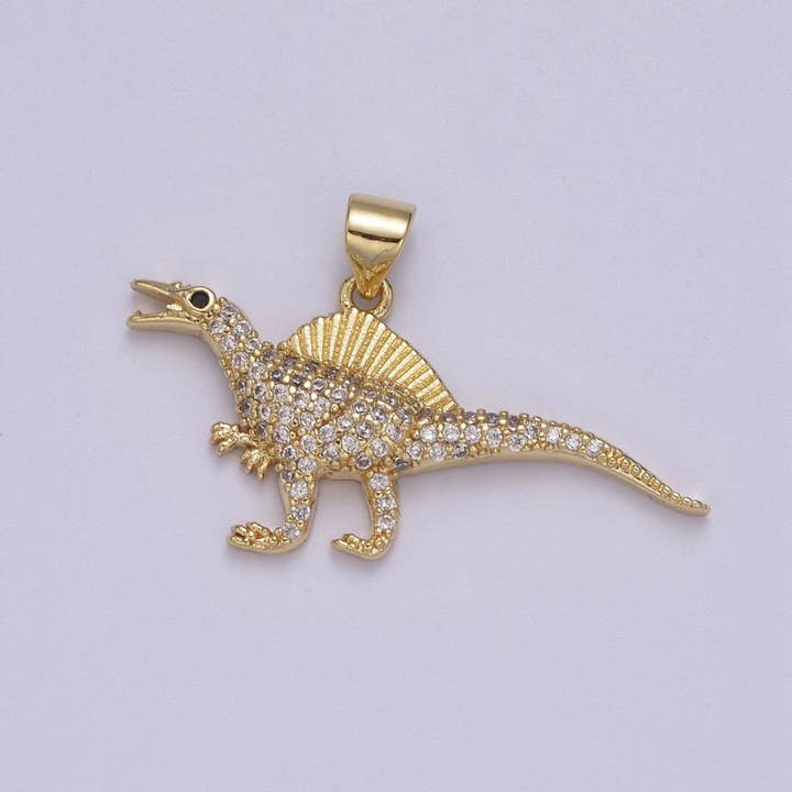 Aim Eternal - Vente Breloques/médailles personnalisées - Pendentifs Dinosaure en Or, Charm Spinosaurus Bijoux Dino en Zircon Cubique Clair J-334