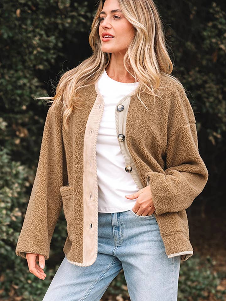 Light French Beige Puffy Plush Corduroy Edge Patchwork Jacket with Big Pockets for wholesale on Faire2