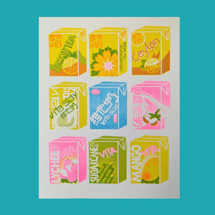 Impression Risograph de boisson Vita Tea | 8"x10,5" pour la vente par Christina Hu