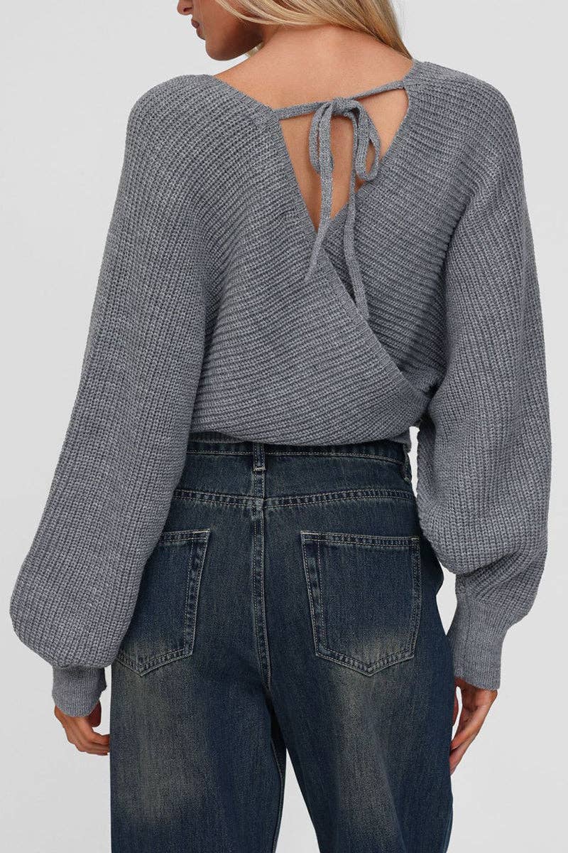 GREY V-Neck Cross-Over Sweater for wholesale on Faire2