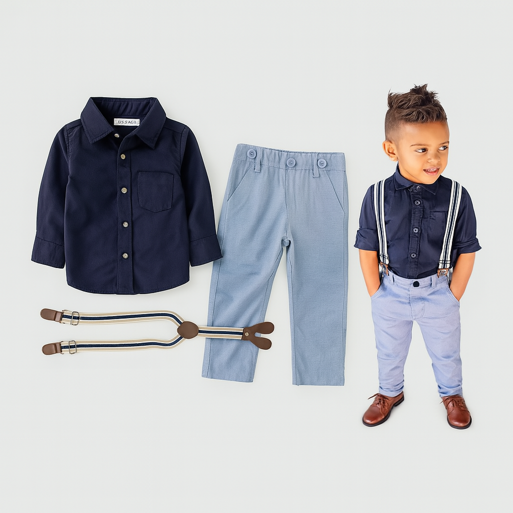 Fennco Styles - Wholesale Top & Pant Set - Kids - Blue Little Boy Button Down Shirt, Suspender Straps & Pants1
