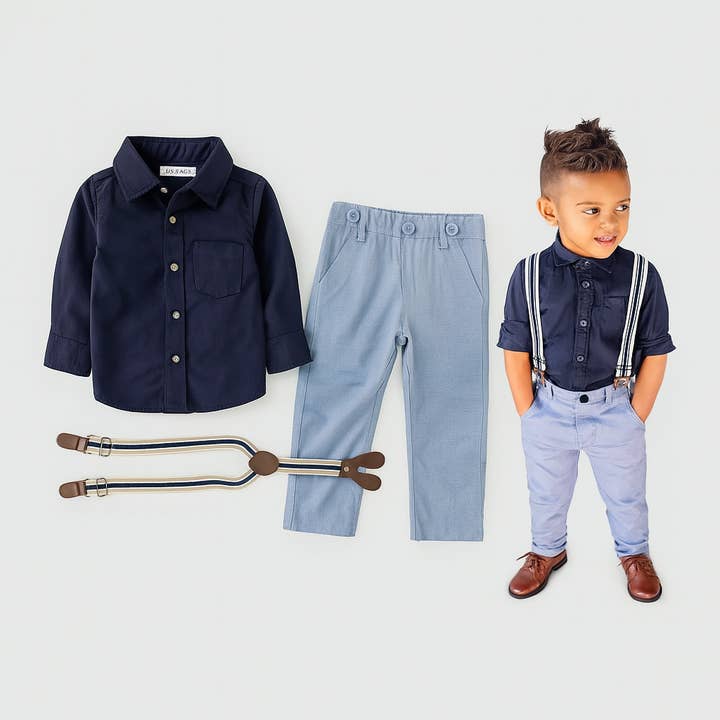 Fennco Styles – Conjunto de camisola e calças – criança por atacado – Camisa e Calças para Baixo Botão Menino Azul1