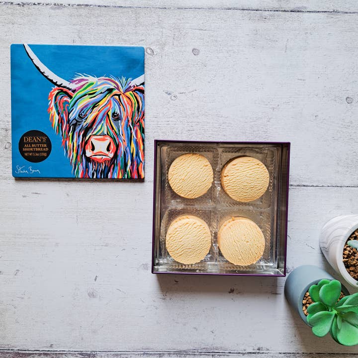 Dean's of Huntly Ltd - Vendita all'ingrosso Biscotti - Tondo di pasta frolla al burro Rainbow Rab McCoo in scatola da 150g