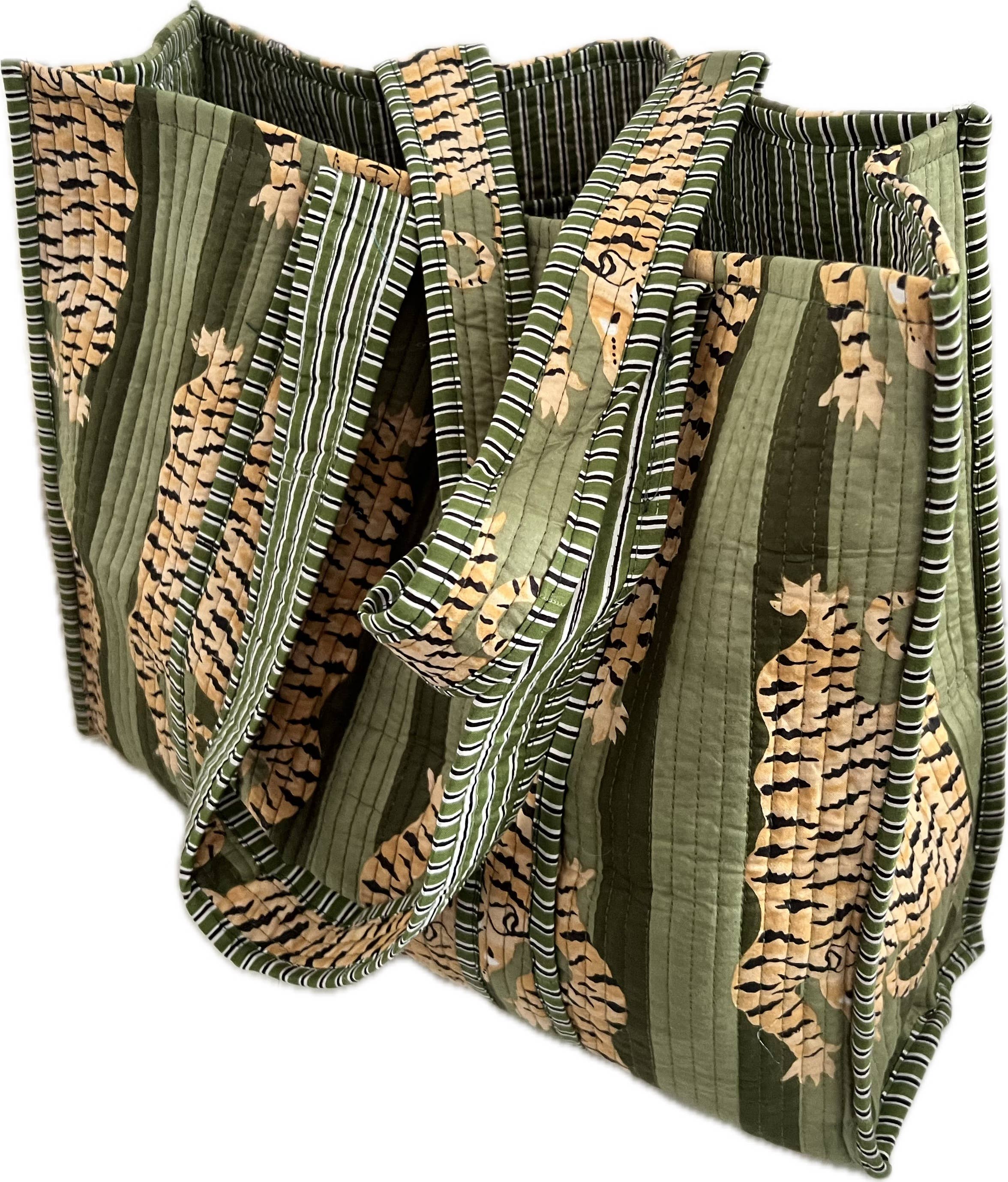Traditional Trinkets & Textiles – wholesale Tote bag – Women's – Quilted Tote Olive Green with Tiger Print1