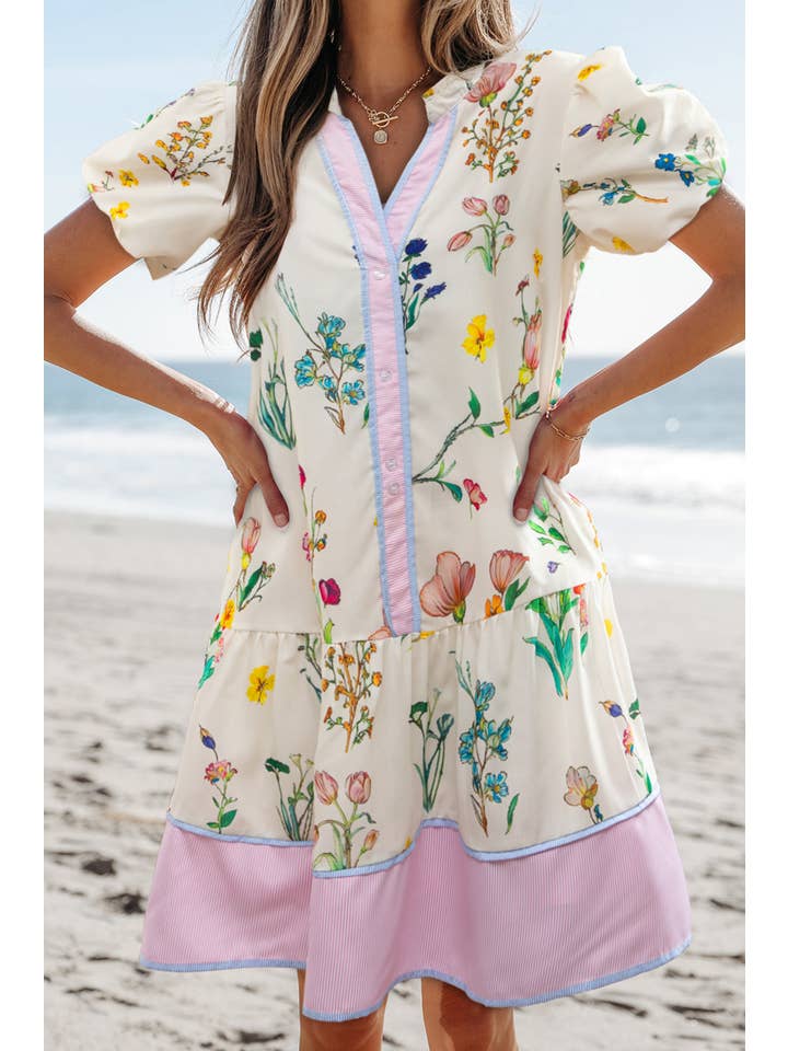 As shown BOHO Striped Floral Print Short Sleeve Mini Dress | S-XL for wholesale on Faire