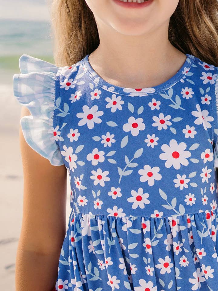 Mädchen Rot Weiß Blaues Blumenkleid mit Flatterärmeln und Taschen für den Großhandel von Sawyer & Finn Clothing