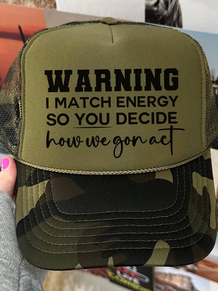 Warning I Match Energy Otto Camo with Moss Green Foam Front Trucker Hat for wholesale by Wholesale Accessory Market