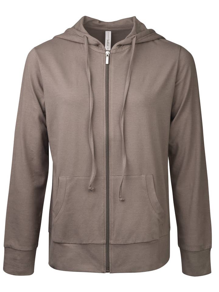 Women's Essentials Sofra Lightweight Full Zip Cotton Hoodie Sweater Taupe (HDC7000_TAU) for wholesale by 247 Frenzy