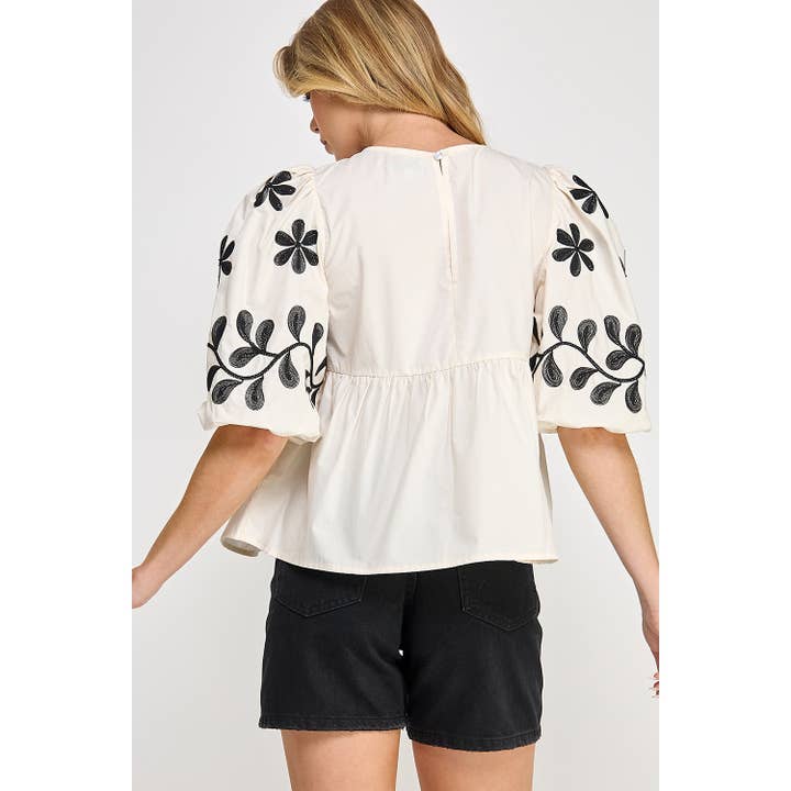 cream BOHO PUFF-SLEEVE EMBROIDERED TOP (ST7671) for wholesale on Faire