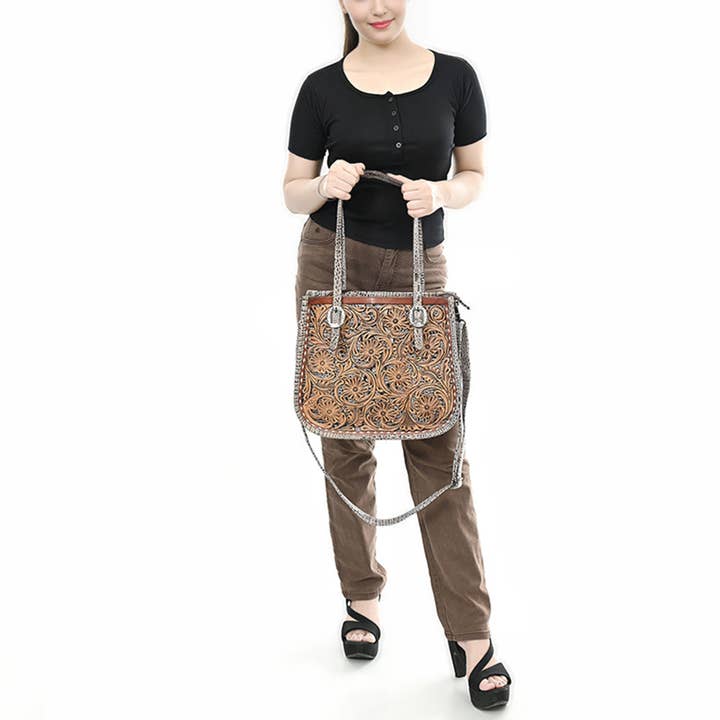 LS Western - Vente Tote bag – femme - ADBG1478 Sac cabas western en cuir travaillé avec accents embossés croco - American Darling fait main11