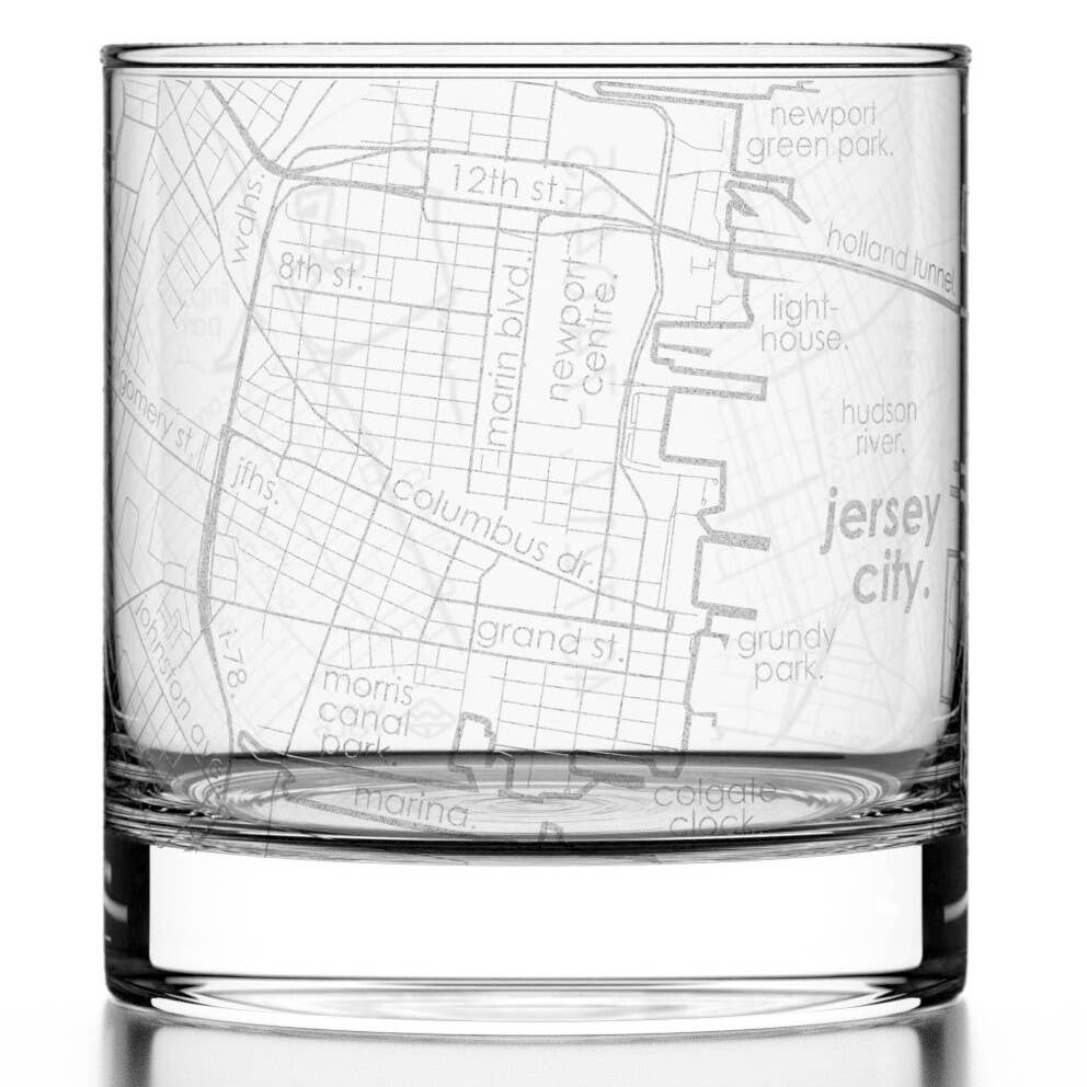 Well Told - Wholesale Cocktail/Liquor Glass - Jersey City, NJ City Map - Etched Whiskey Rocks Glass0
